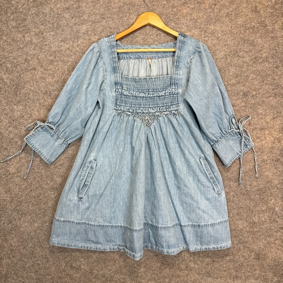 Free People Sonora Denim Mini Dress Women Medium Relaxed Babydoll Square 3/4 Tie - Picture 2 of 15